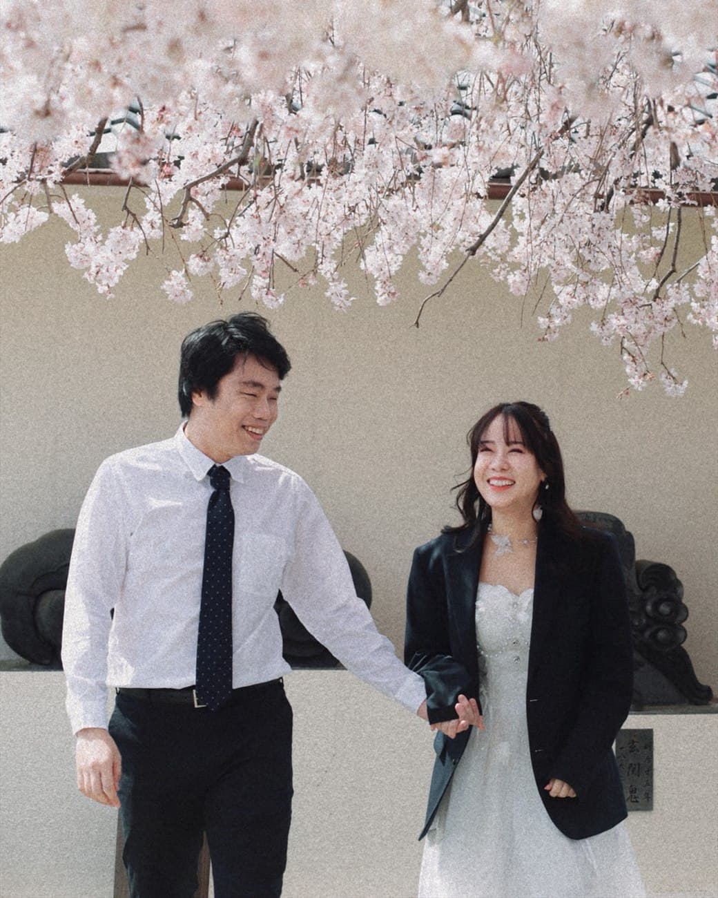 Witita and Sorratat hand in hand beneath cherry blossom in Japan